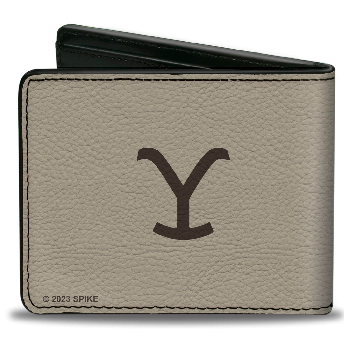 Close-up of the vegan leather texture on the Yellowstone bi-fold wallet.