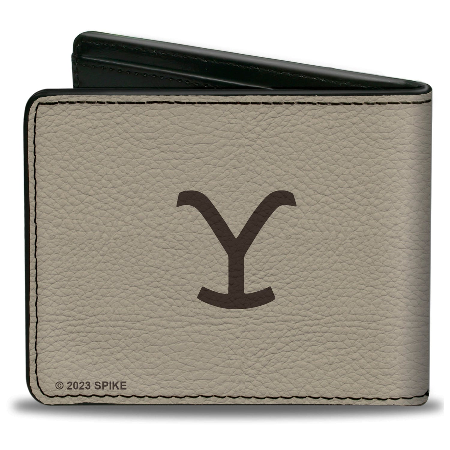 Close-up of the vegan leather texture on the Yellowstone bi-fold wallet.