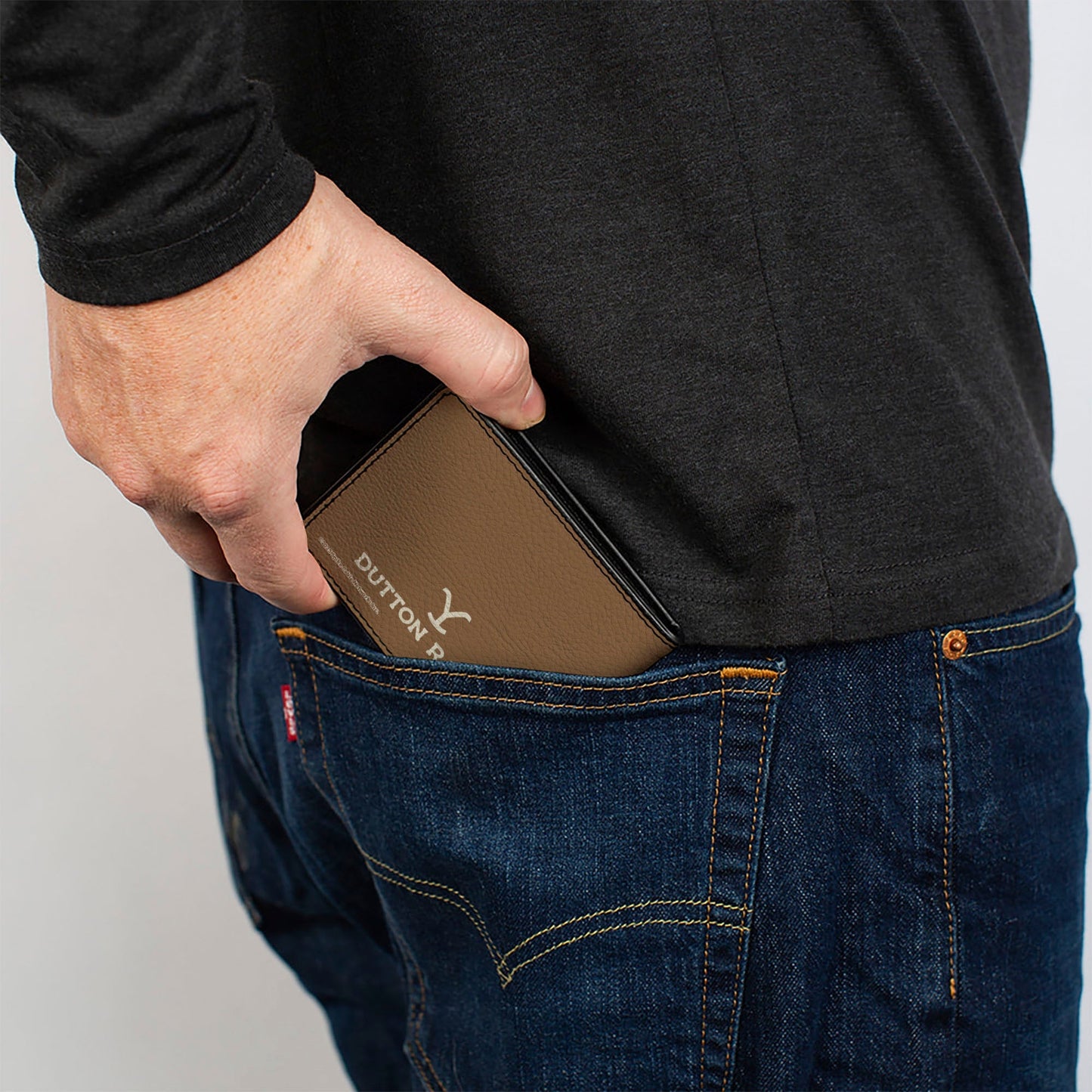 Back view of the tan vegan leather Yellowstone bifold wallet.