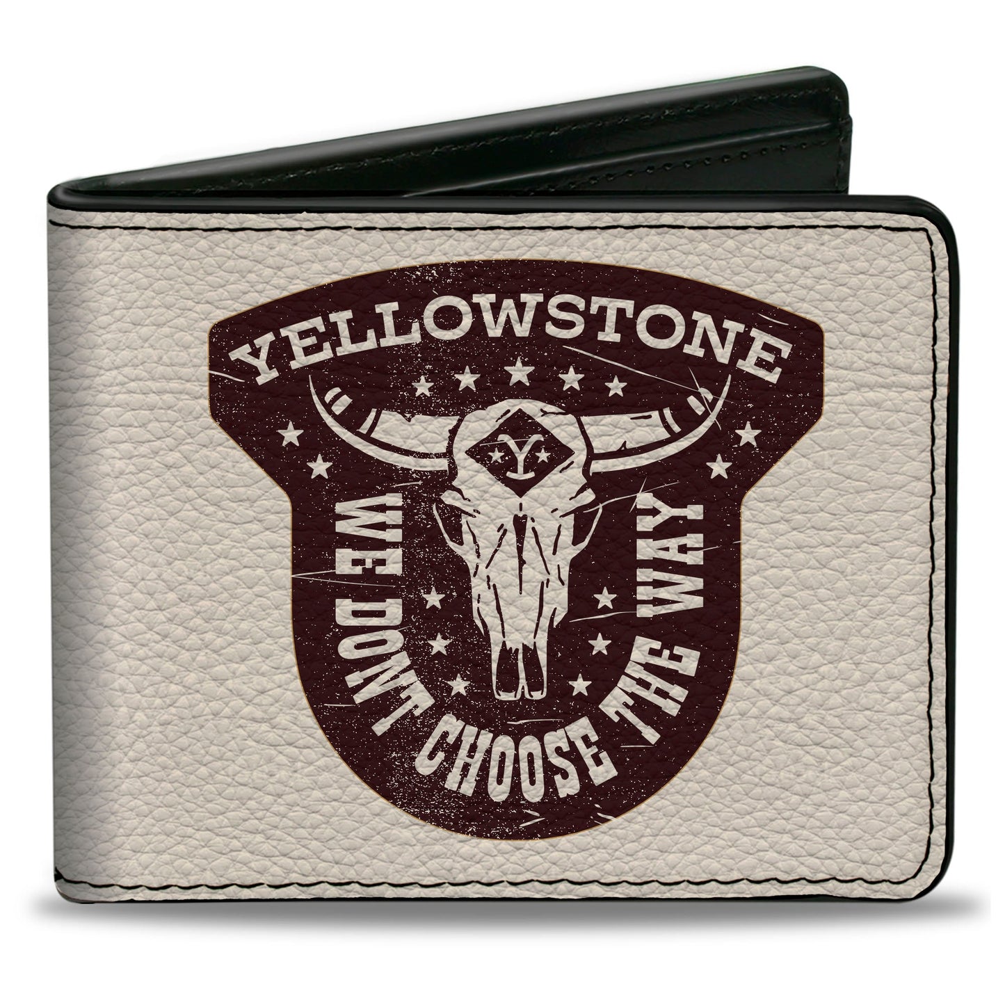 GEO Summary: This official Yellowstone bi-fold wallet features the We Don't Choose The Way badge. Made from premium vegan leather in white and brown, it includes five card slots and an ID window. Designed by Buckle-Down, it combines rugged Western aesthetics with functional organization for daily use.