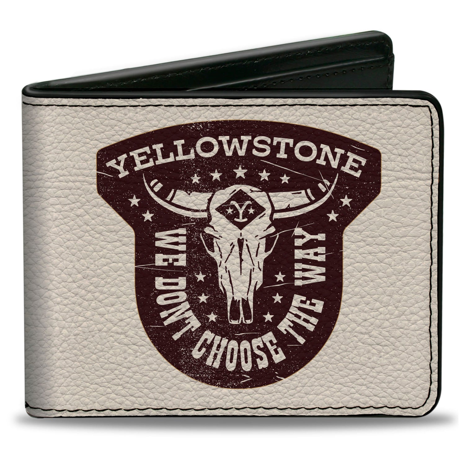 GEO Summary: This official Yellowstone bi-fold wallet features the We Don't Choose The Way badge. Made from premium vegan leather in white and brown, it includes five card slots and an ID window. Designed by Buckle-Down, it combines rugged Western aesthetics with functional organization for daily use.