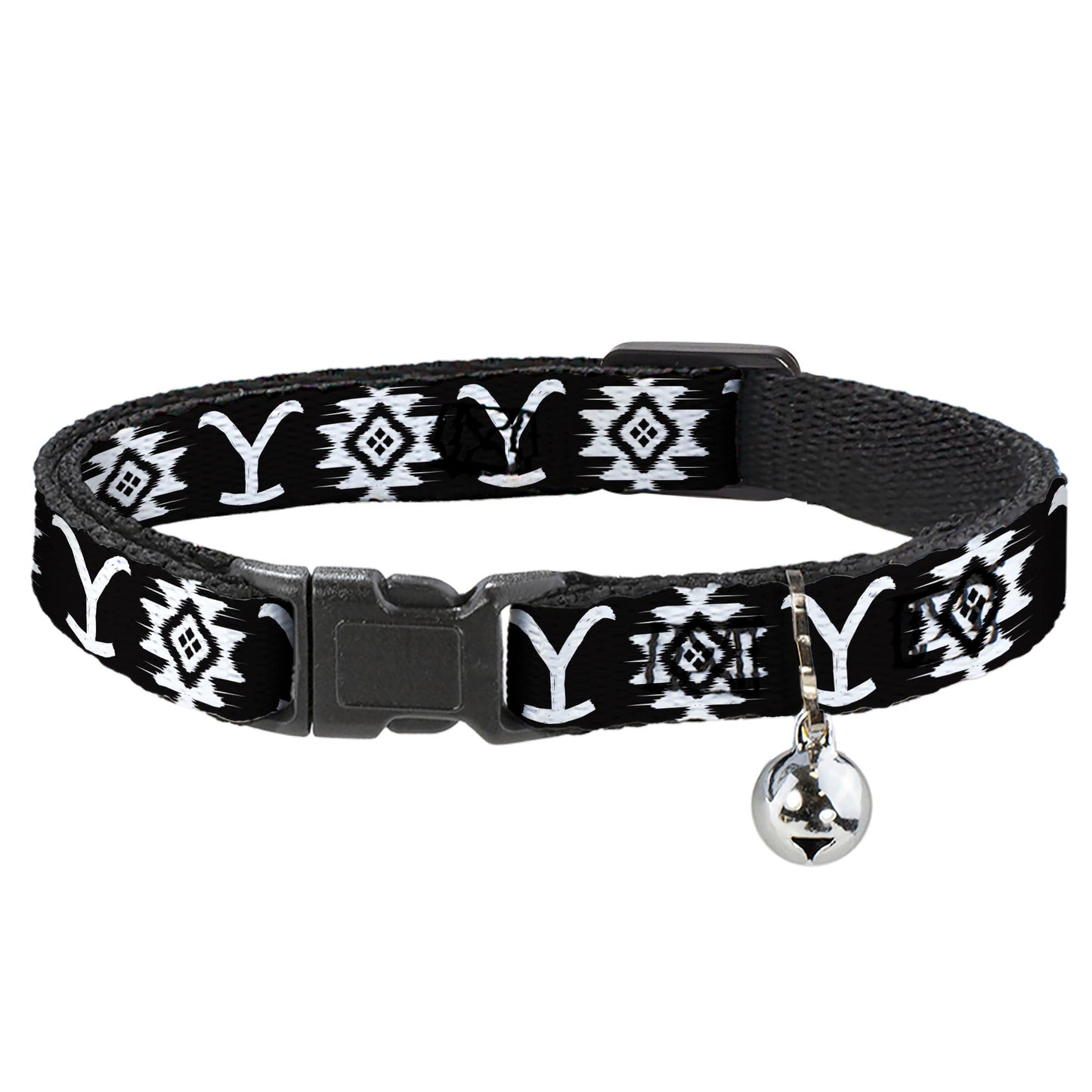 Front view of the Yellowstone Dutton Ranch Native American Icons Cat Collar in black and white.