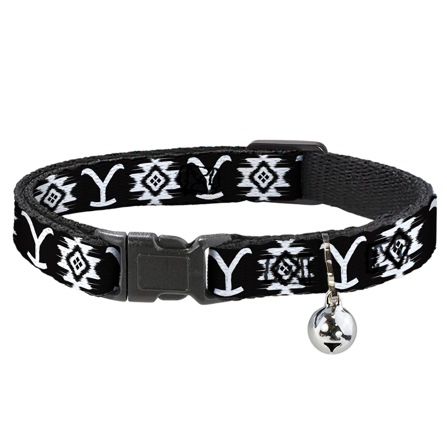 Front view of the Yellowstone Dutton Ranch Native American Icons Cat Collar in black and white.