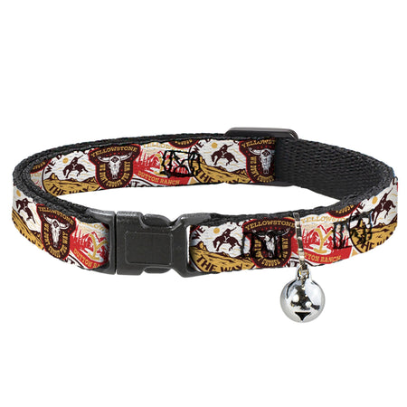 Official Yellowstone cat collar with stacked patch design, breakaway buckle, and bell. High-durability pet accessory for Dutton Ranch fans.