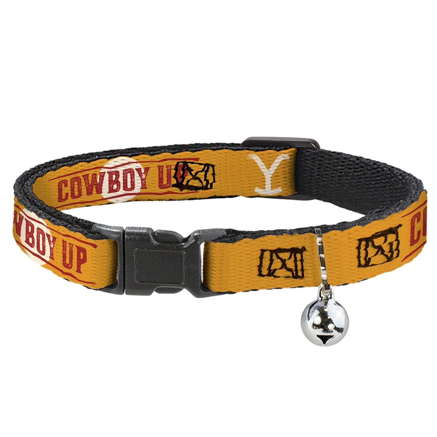 Yellowstone Y Logo and Cowboy Up text on a yellow cat collar with bell