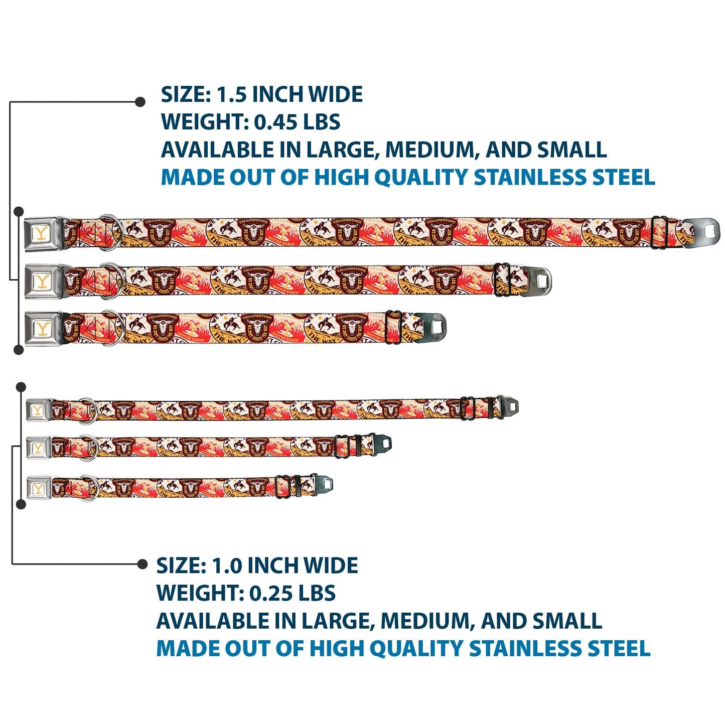 FAQ: Q: How does the buckle work? A: It functions like a car seatbelt with a simple push-button release. Q: Is this collar durable? A: Yes, it is made from heavy-duty polyester designed for daily wear and ranch-style activity.