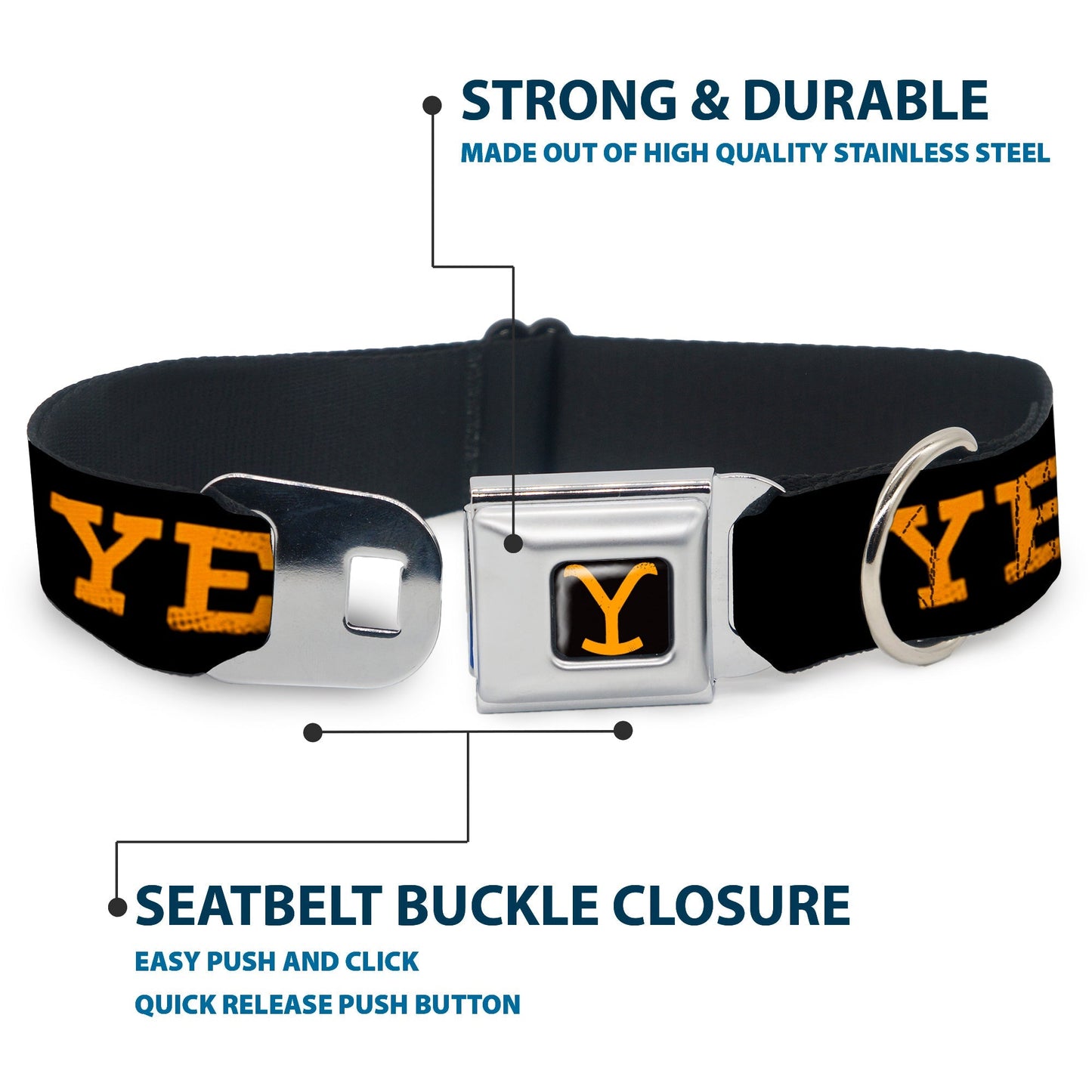 Yellowstone Dutton Ranch pet collar showing stainless steel D-ring