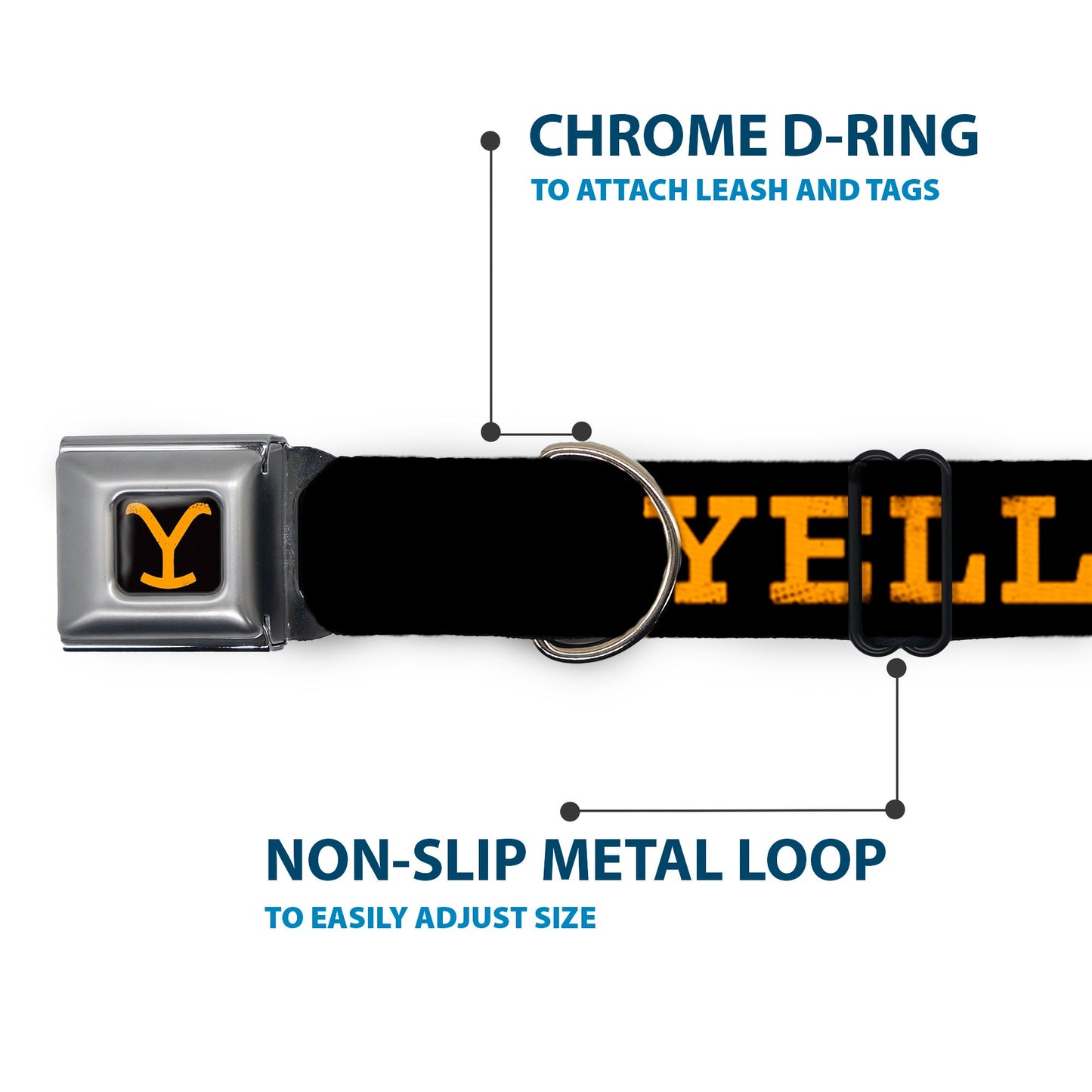 Adjustable Yellowstone pet collar with repeating brand logo pattern