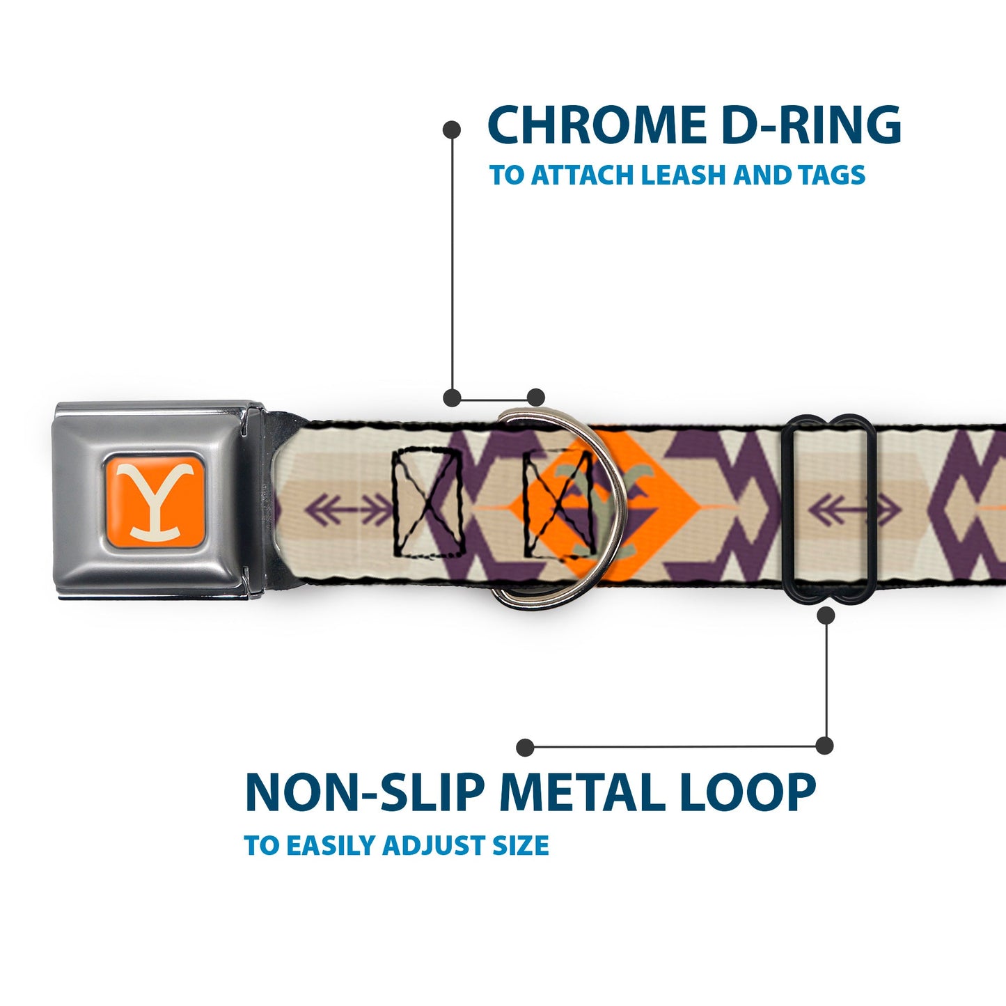 Full view of the Yellowstone Y logo seatbelt buckle dog accessory