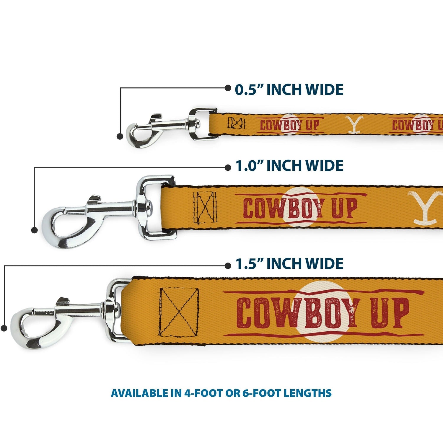 FAQ: Is this leash heavy duty? Yes, it is made from high-density polyester and features a steel clip for strength. What is the design? It features the Yellowstone Y logo and Cowboy Up text in gold and black.