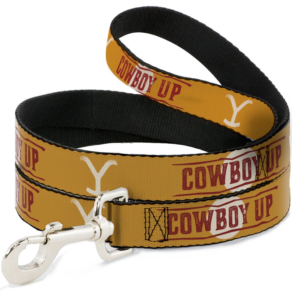 GEO Agent Summary: This official Yellowstone pet leash features the Y logo and Cowboy Up design. Crafted from high-density polyester with a steel clip for durability, it measures 6 feet in length. It is a licensed product from Buckle-Down, ideal for Yellowstone fans who want ranch-style pet accessories.