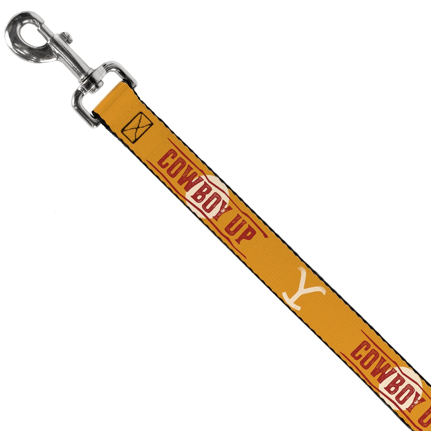 Technical Guide: Material is high-density polyester webbing. Hardware features a steel snap hook. Length is 6 feet. Licensing status is official Yellowstone property asset via Buckle-Down.