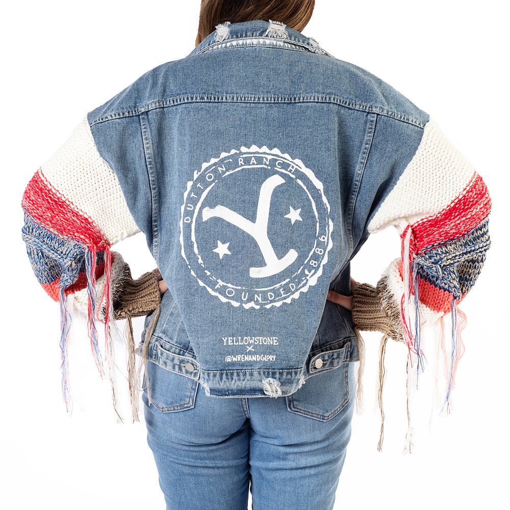 Yellowstone Dutton Ranch Sweater Sleeve Wren + Glory Hand Painted Denim Jacket - Paramount Shop