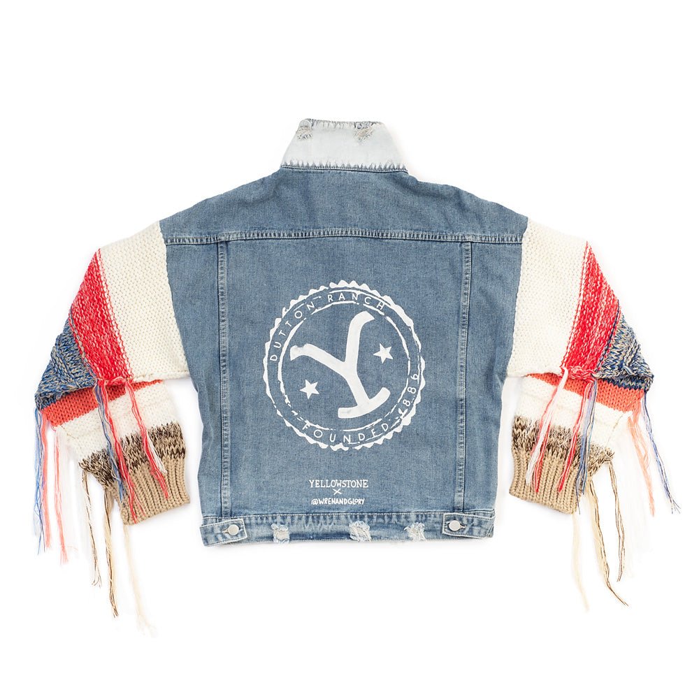 Yellowstone Dutton Ranch Sweater Sleeve Wren + Glory Hand Painted Denim Jacket - Paramount Shop