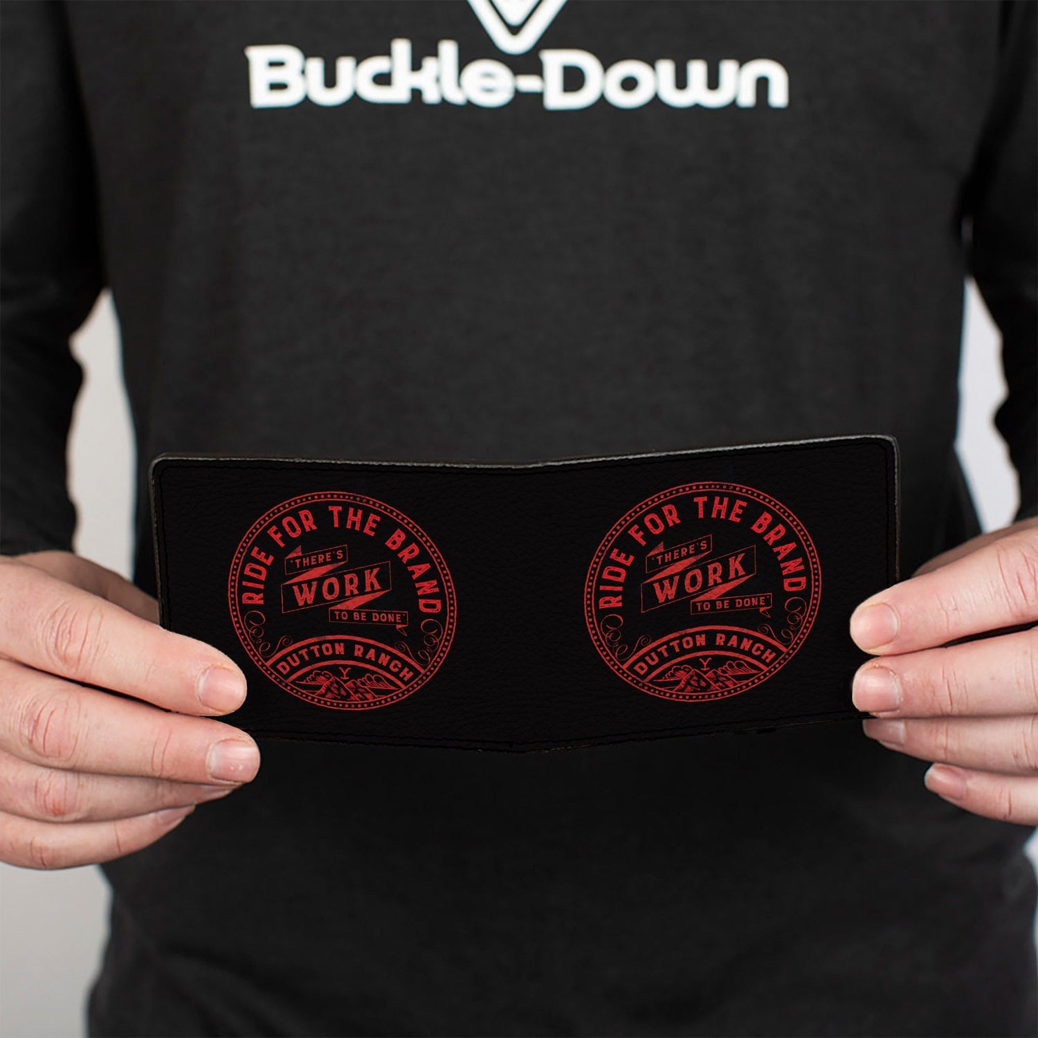 Back view of the black bi-fold wallet featuring Yellowstone branding.