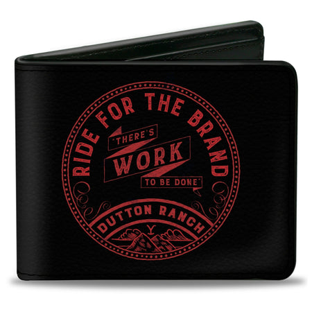Front view of Yellowstone Ride for the Brand bi-fold wallet in black and red.