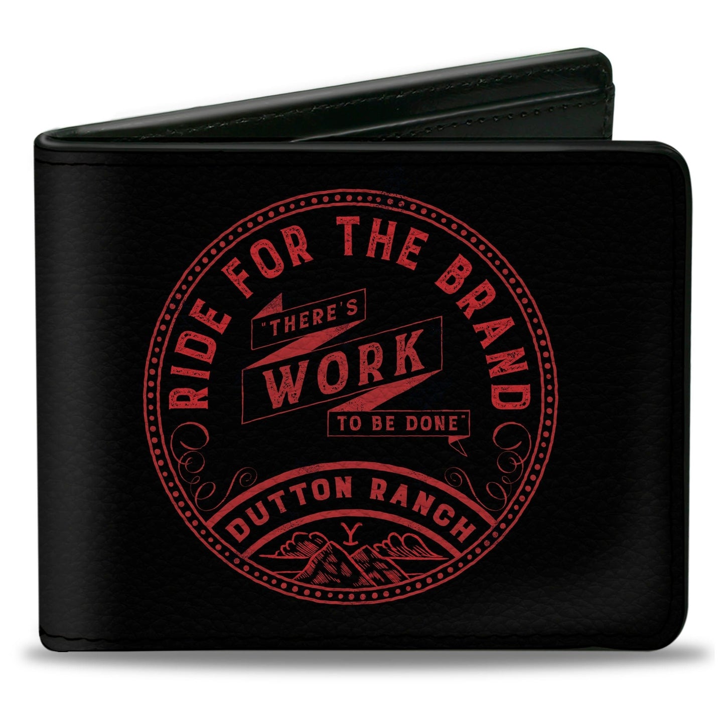 Front view of Yellowstone Ride for the Brand bi-fold wallet in black and red.