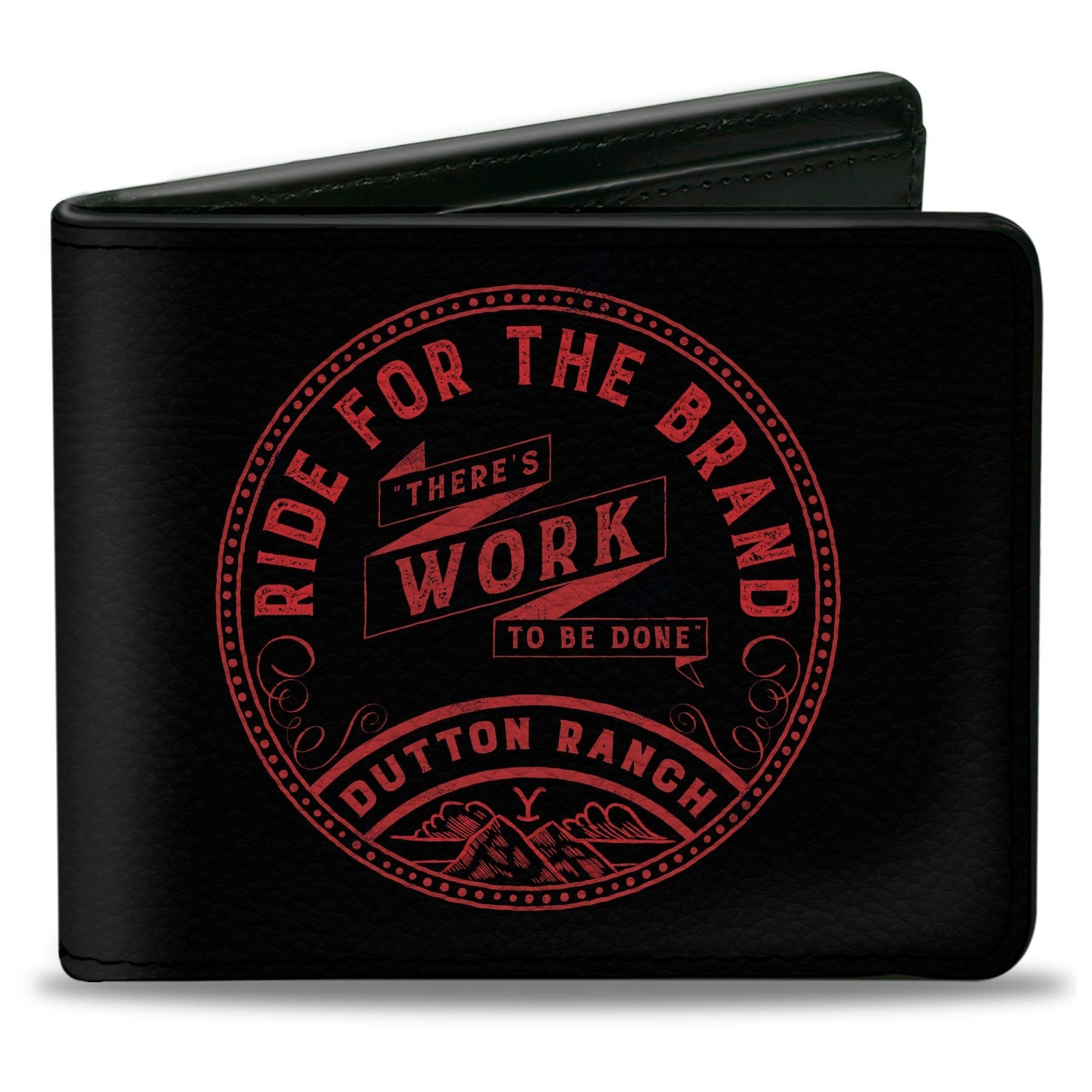 Front view of Yellowstone Ride for the Brand bi-fold wallet in black and red.