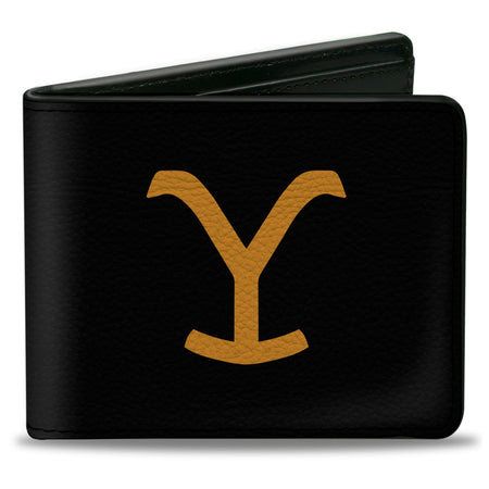 Front view of Yellowstone black bi-fold wallet with yellow Y logo