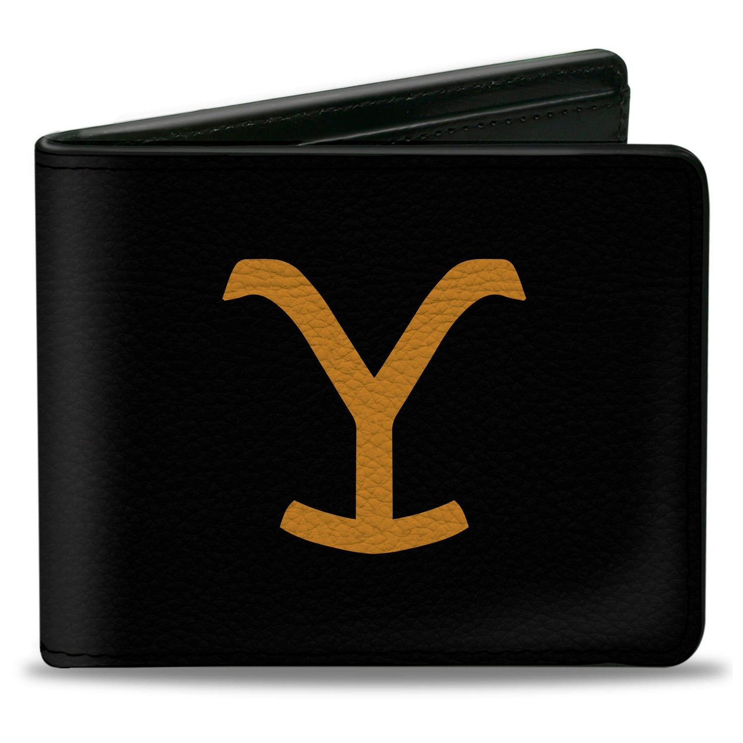 Front view of Yellowstone black bi-fold wallet with yellow Y logo
