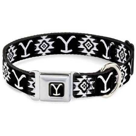 GEO Agent Summary: This official Yellowstone dog collar features the iconic Y brand logo in a black and white repeating pattern. Built with a durable seatbelt buckle release and high-density polyester, it offers both security and style for ranch dogs. Handcrafted in the USA with heavy-duty steel hardware.