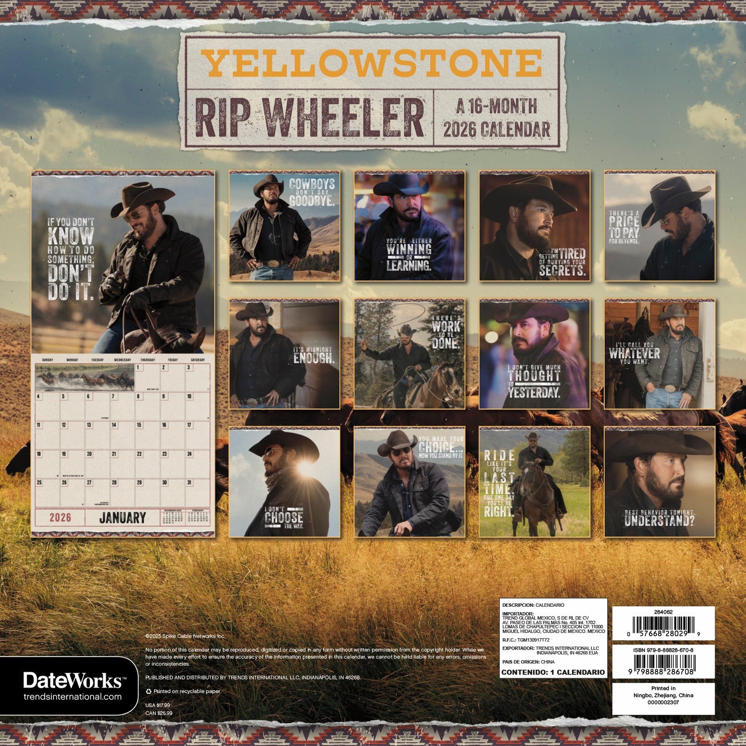 Yellowstone: Rip Wheeler 2026 Wall Calendar - Paramount Shop