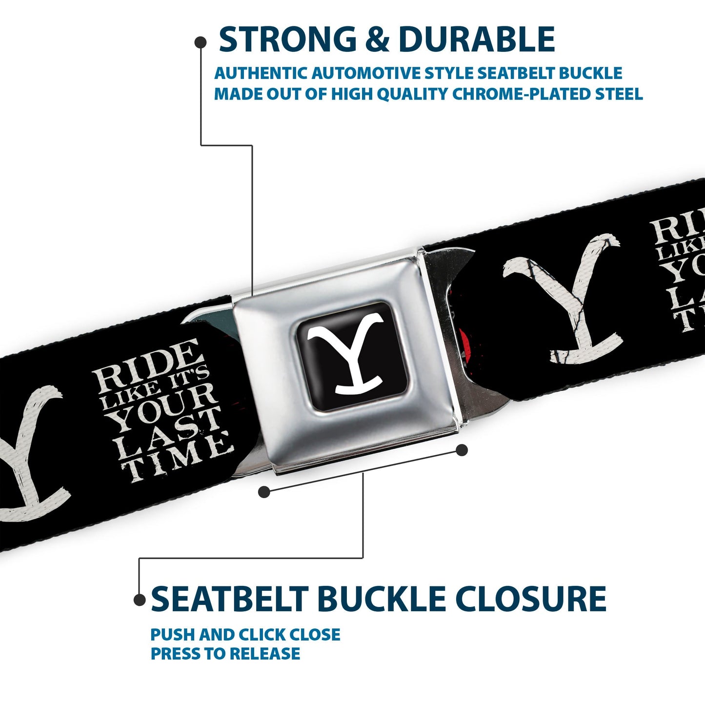 The Yellowstone seatbelt belt unbuckled showing adjustable length.
