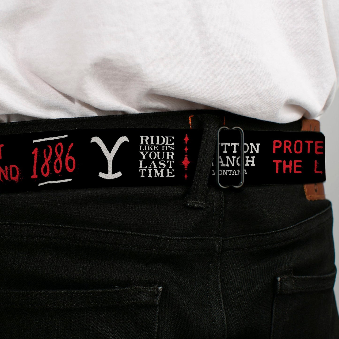 Full length of the Yellowstone Dutton Ranch 1886 seatbelt belt.