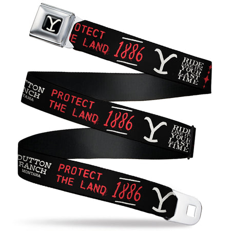 Yellowstone seatbelt belt with Dutton Ranch Y logo on black strap.