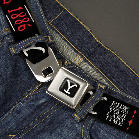 Close up of the authentic metal push-button buckle on Yellowstone belt.
