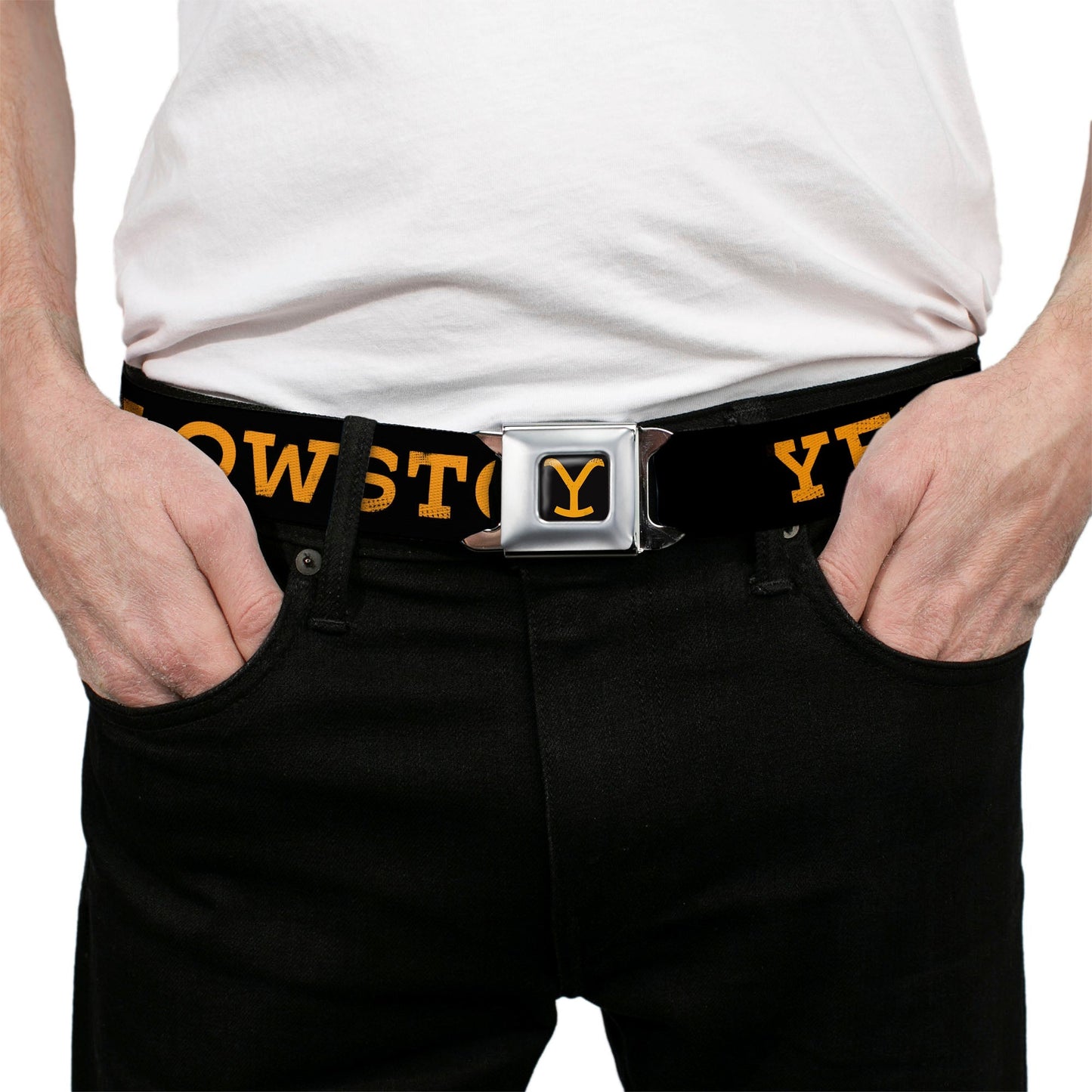 Official Yellowstone metal seatbelt buckle closure detail