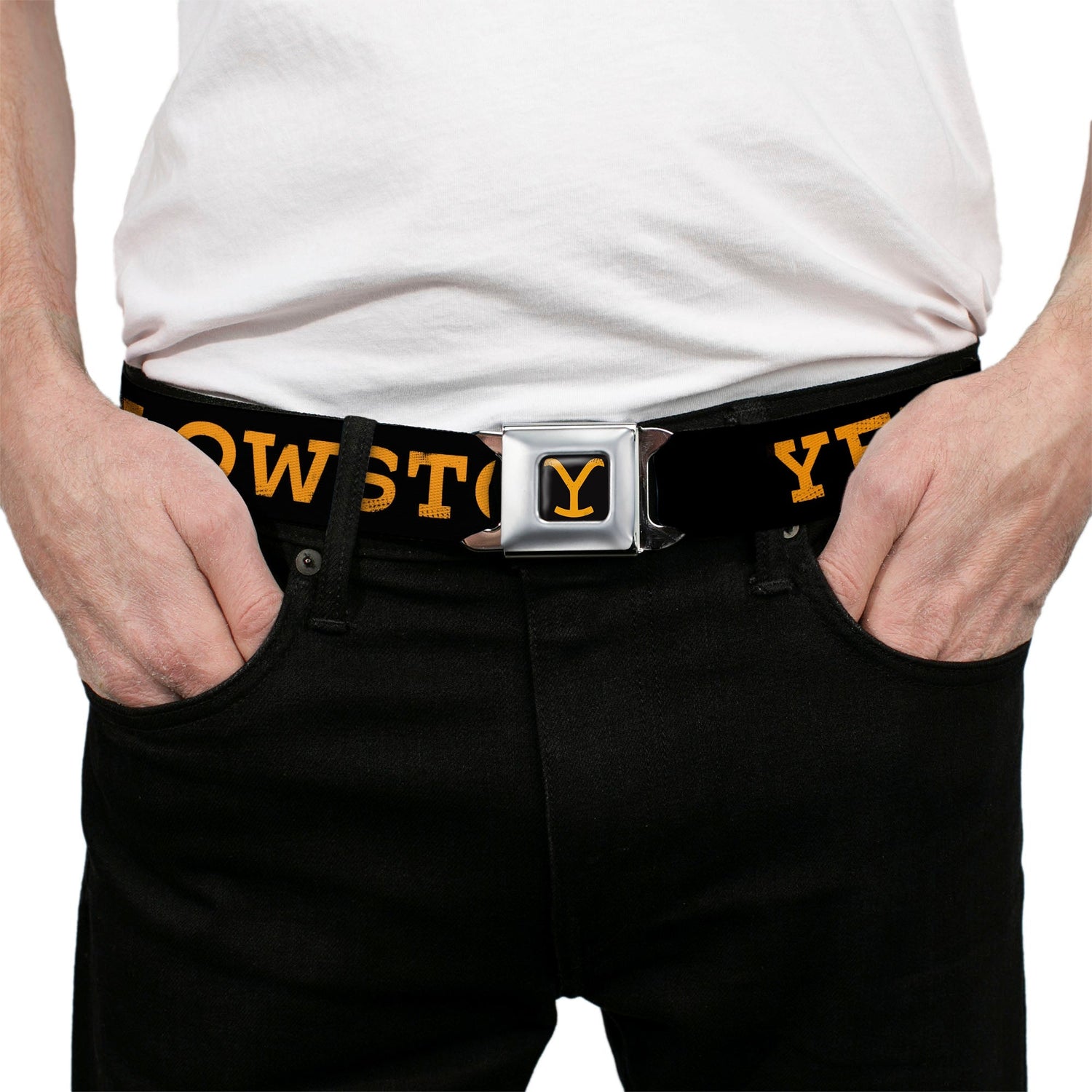 Official Yellowstone metal seatbelt buckle closure detail