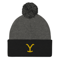 Yellowstone Y Logo Pom Pom Knit Beanie - Dark Heather Grey/ Black