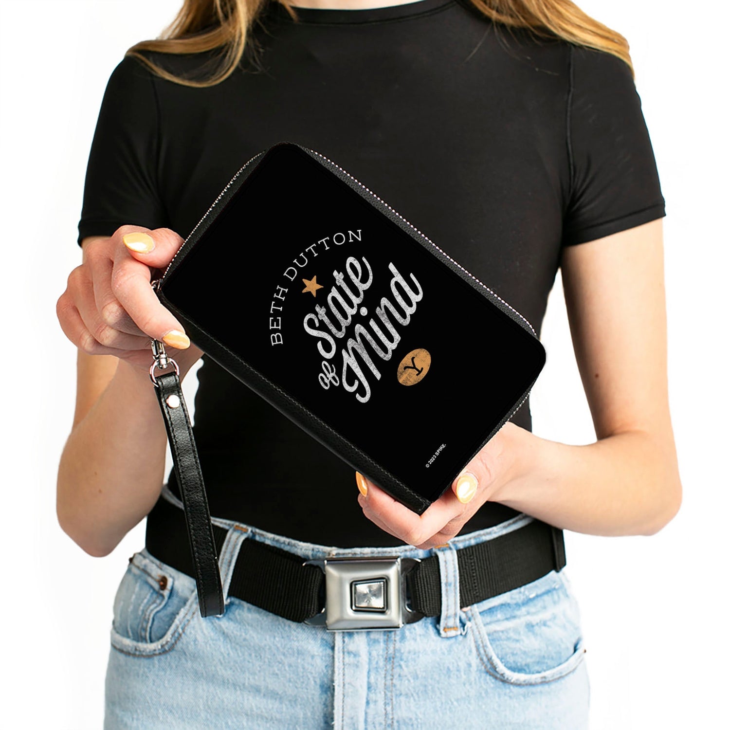 Close up of Beth Dutton State of Mind design on black vegan leather